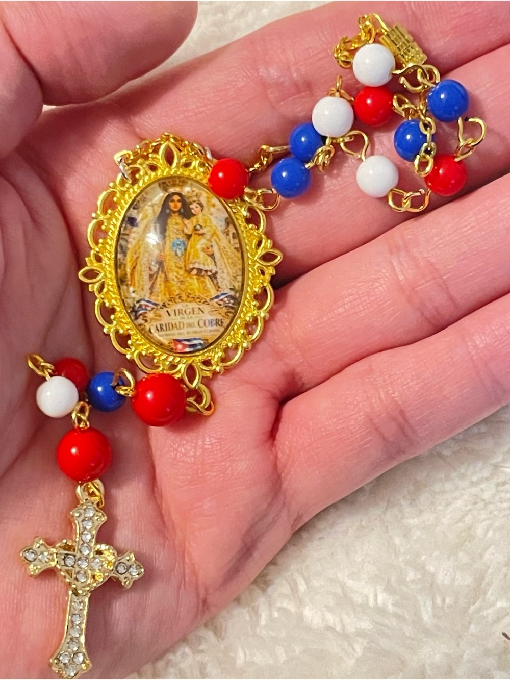 Gold Virgen Caridad del Cobre car Rosary with Red, White & Blue Beads